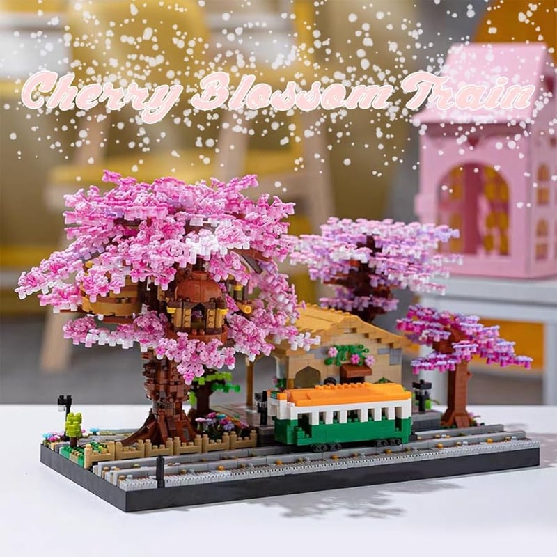 مجموعة مكعبات بناء بونساي شجرة الكرز مع نموذج قطار 1020 قطعة هدايا للأطفال والكبار - Image 1